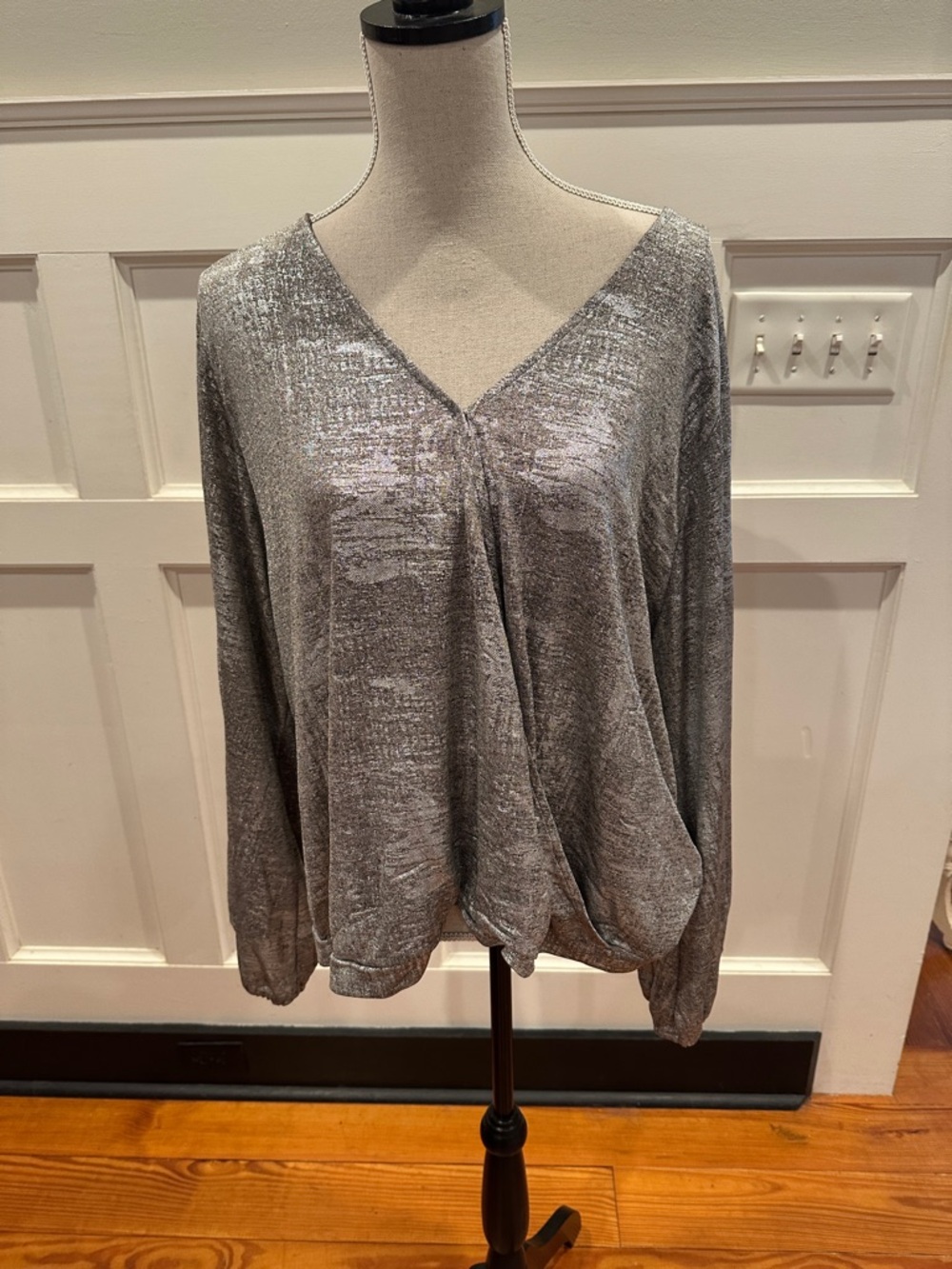 Anthropologie Metallic Heathered Gray V-Neck Draped Blouse